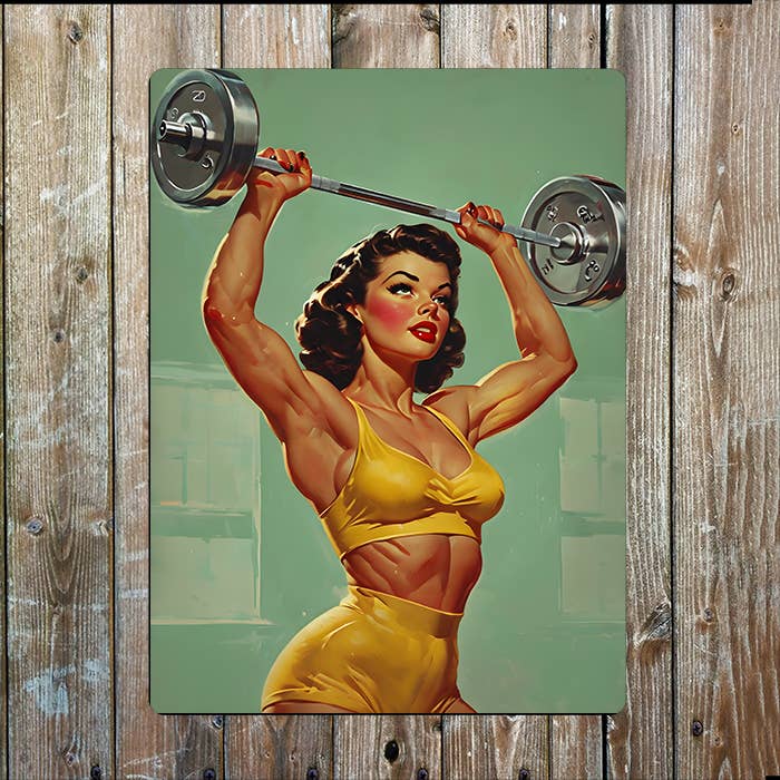 Gym Bodybuilder Women Barbell Retro | Metal Sign Plaque