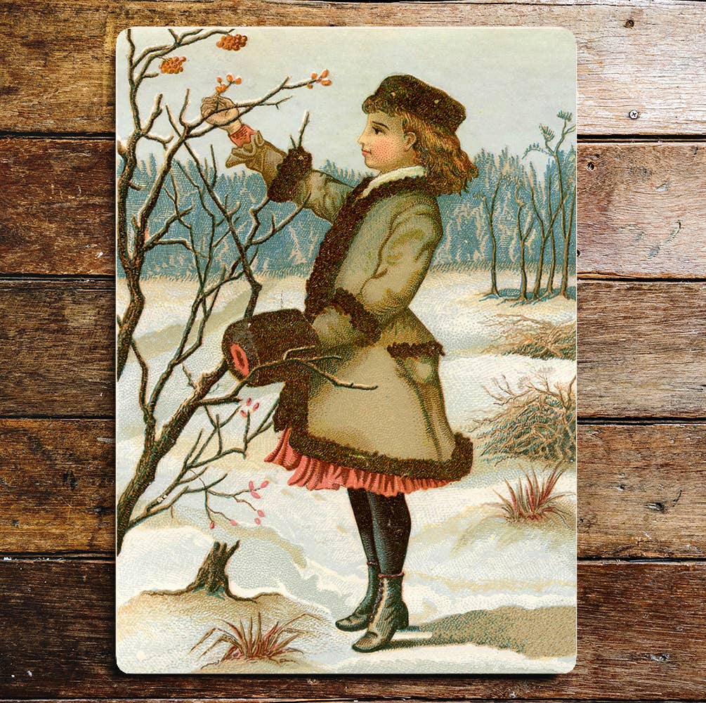 Vintage winter Christmas girl Wall | Metal Sign Plaque