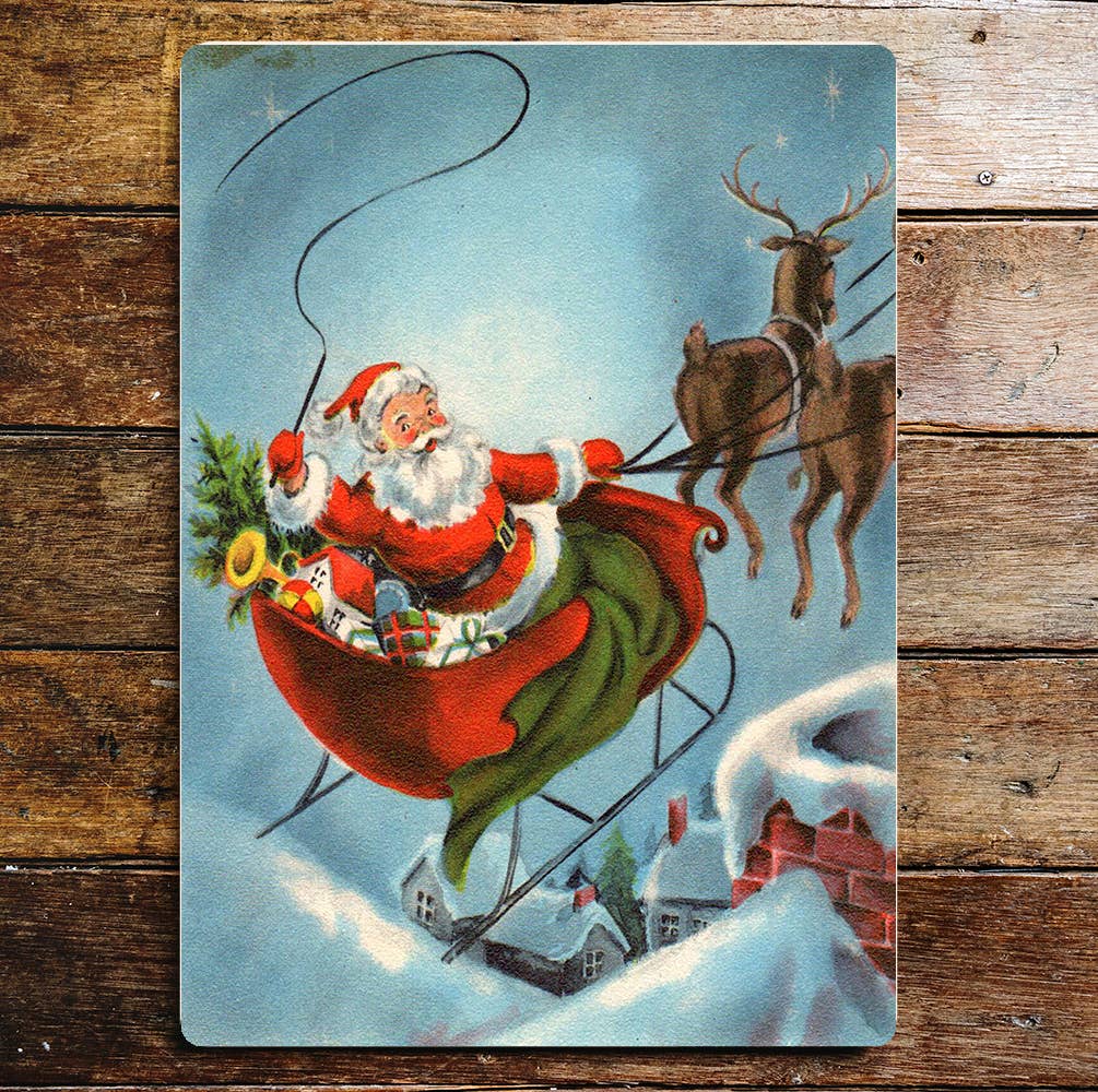 Santa Sleigh Rooftops Winter Nights Toys Metal Wall Sign