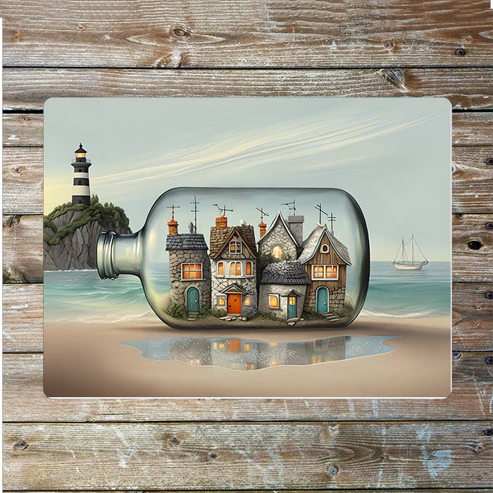 surreal Coastal Scene In Bottle Nautical Metal Sign Plaque
