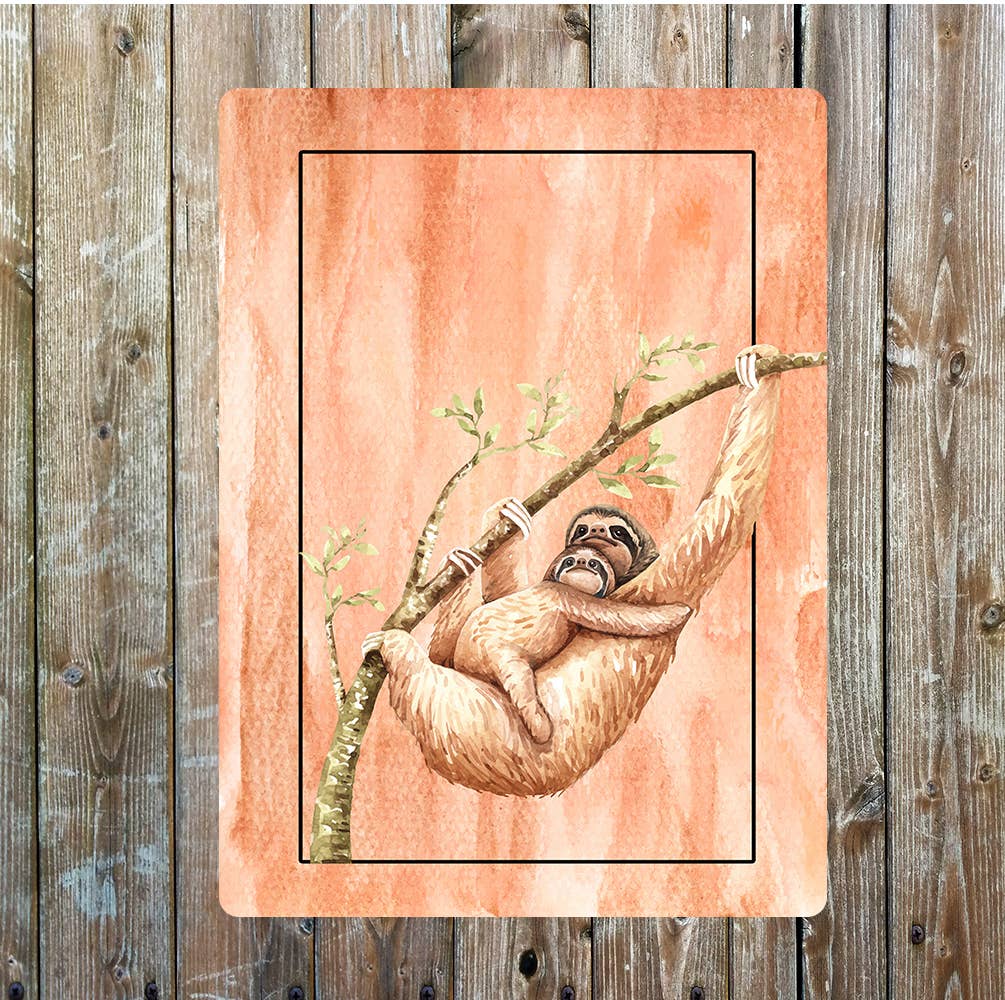 Sloth mother babies wildlife nature art Metal Wall Sign