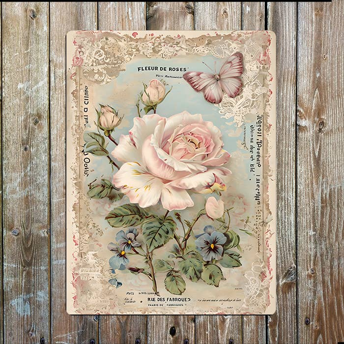 Vintage Blooming Floral Pink Rose Aged | Metal Sign Plaque