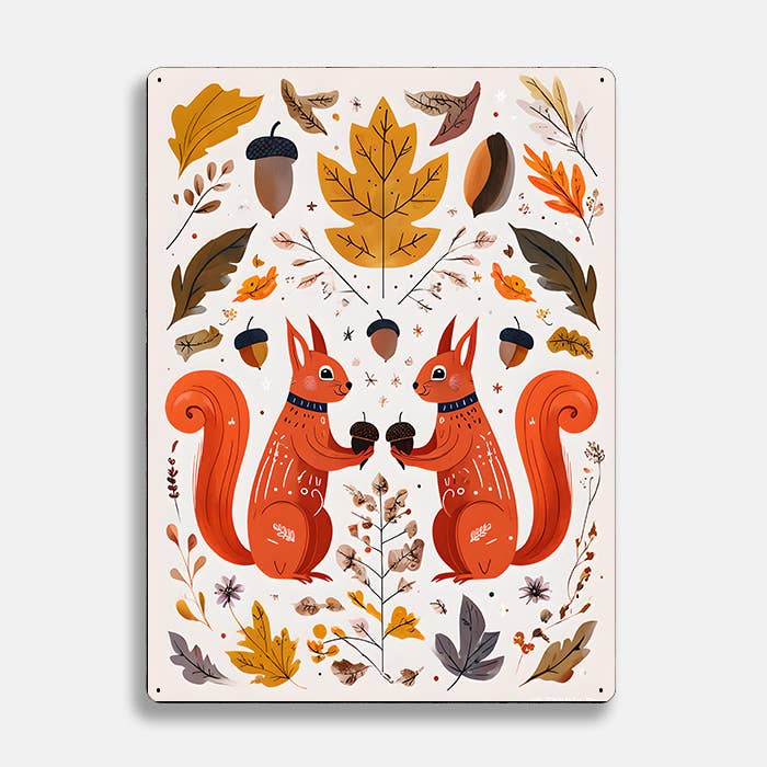 Squirrels Leaves Acorn scandinavian folk Metal Sign Plaque