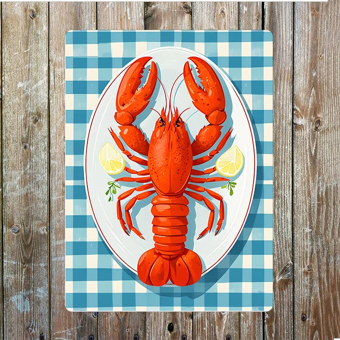 Lobster on Oval Plate with Lemon Wedges | Metal Sign Plaque