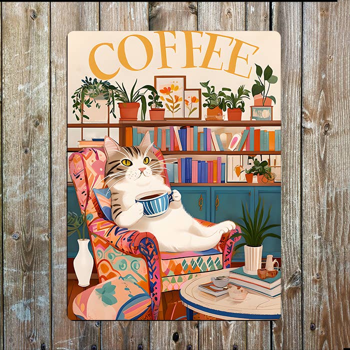Coffee | Cosy Indoor Cat Relaxing | Metal Sign Plaque