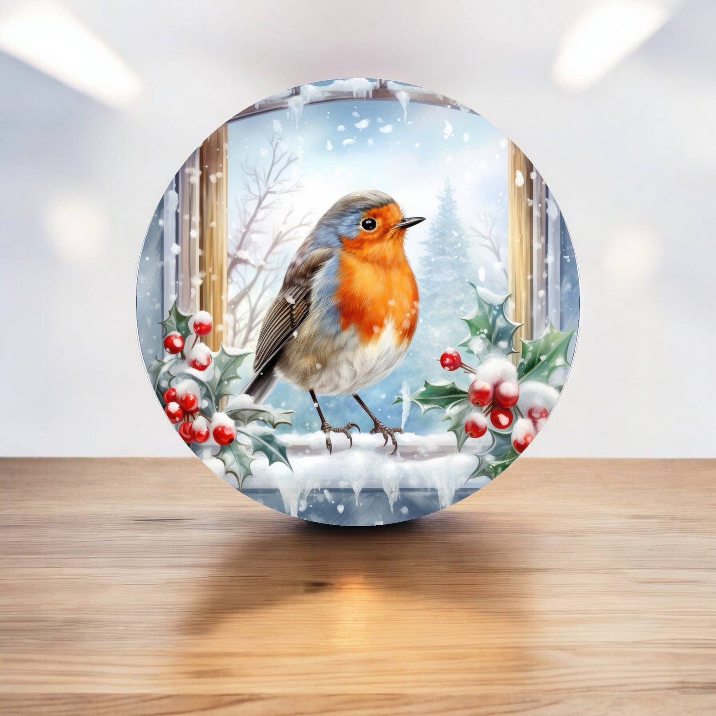 Robin Watercolour Winter Xmas Circle Metal Sign