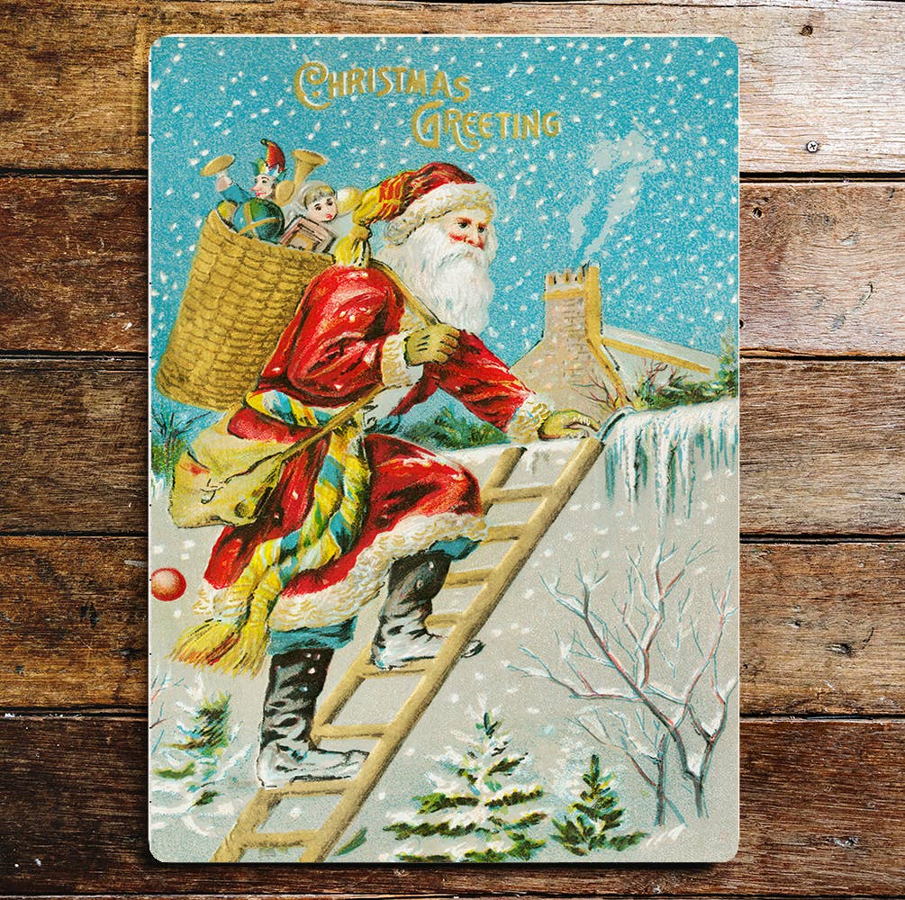 Vintage Santa Christmas ladder Wall | Metal Sign Plaque