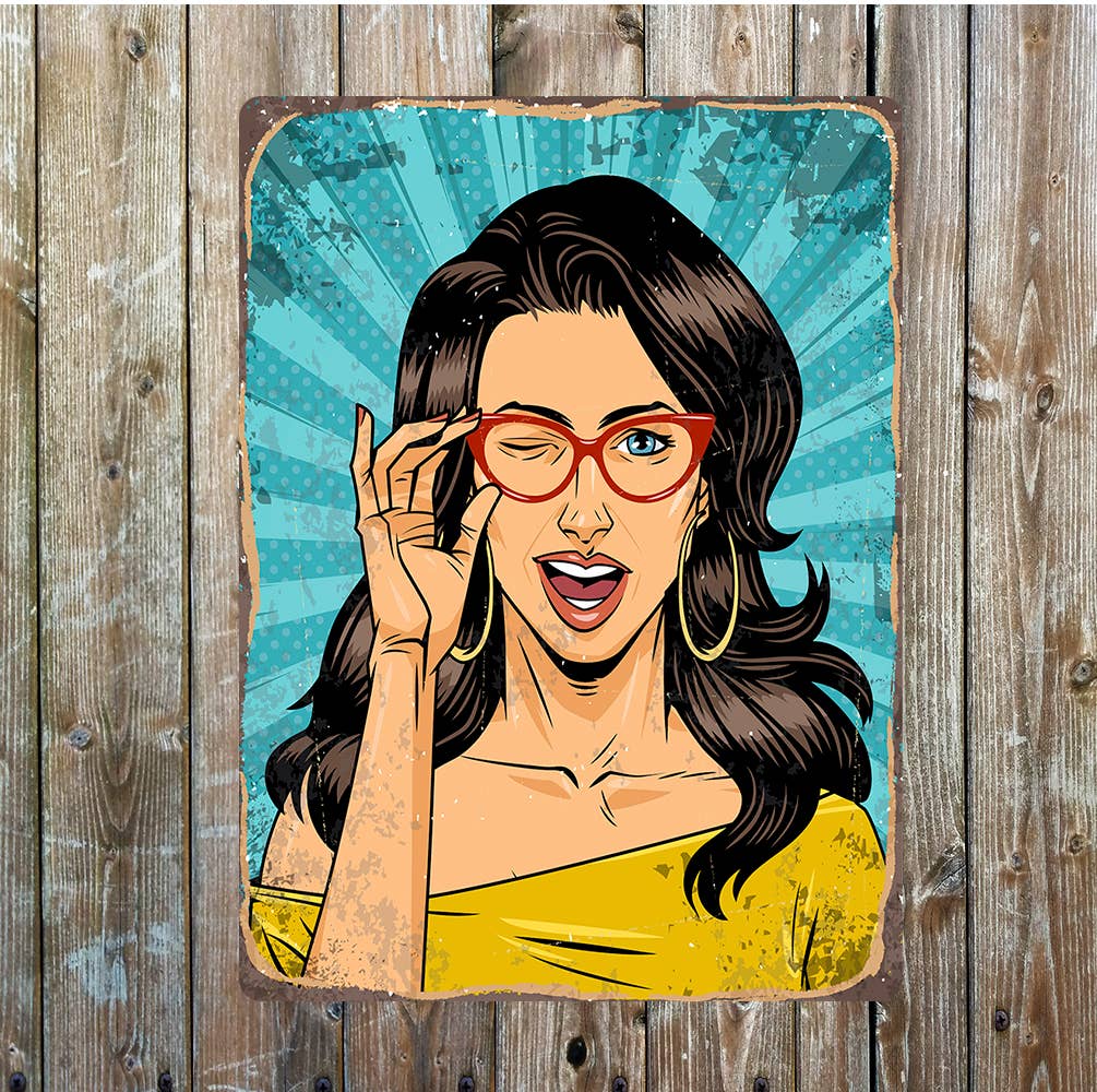 PinUp Girl Yellow Dress Red Glasses Wink Metal Sign Plaque