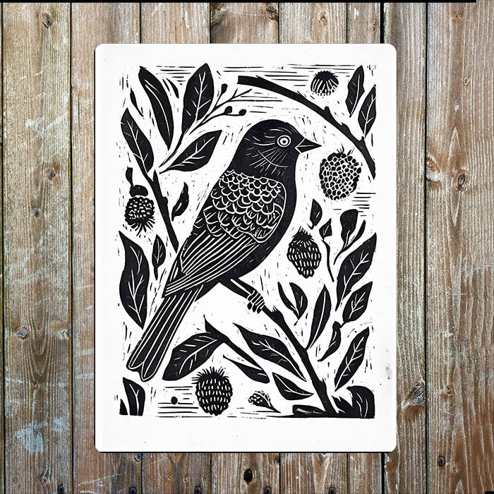 Bird Branch Botanical Linocut Style | Metal Sign Plaque