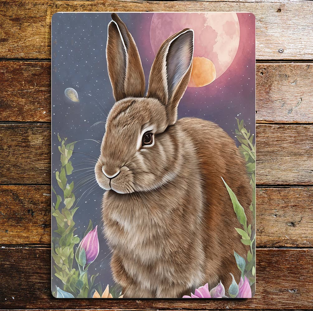 Rabbit In Flowers Under Moon Sky Metal Sign Plaque
