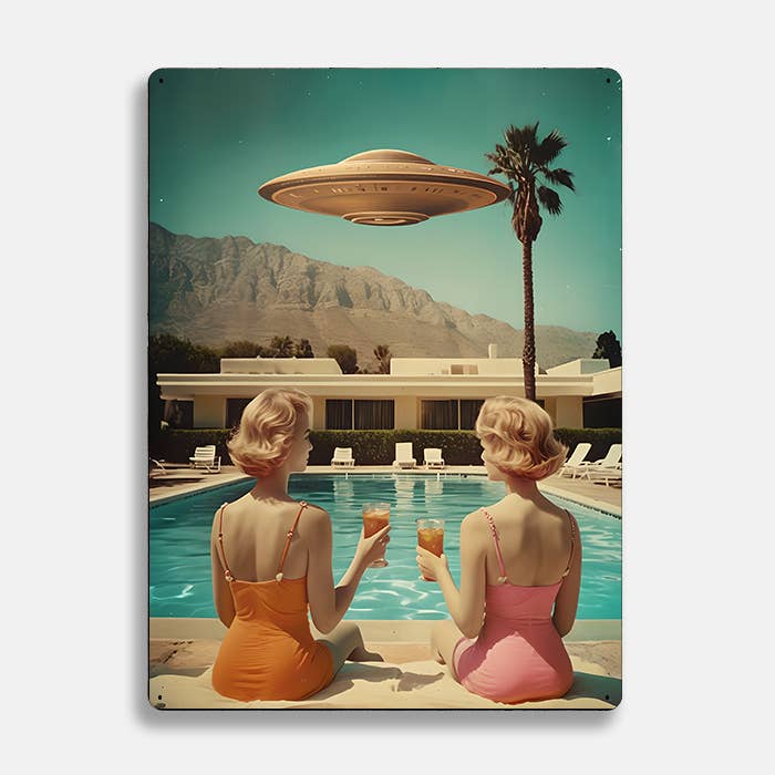 Vintage Photograph Women Relax UFO Alien | Metal Sign Plaque