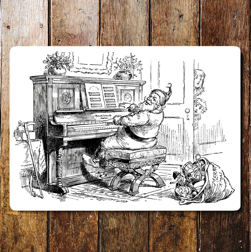 Santa Piano Black & White Christmas Metal Wall Sign