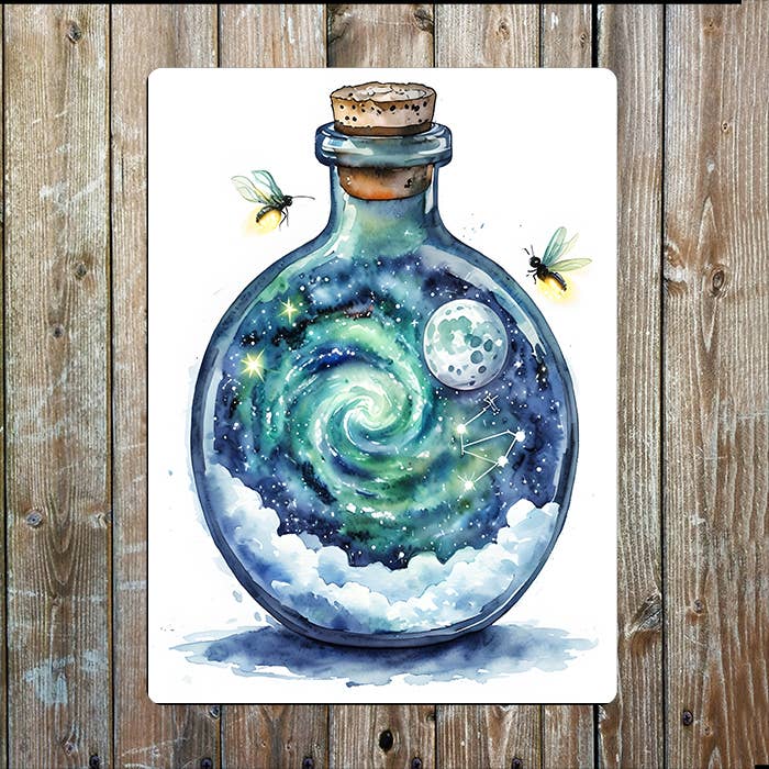 Watercolor Bottle Cosmic sky Sea Nautical | Metal Sign Plaque
