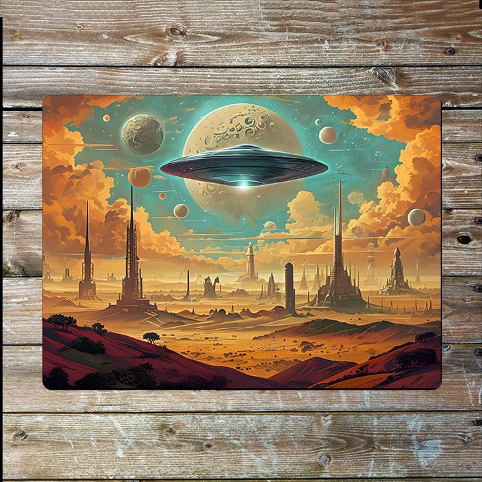Surreal Fantasy Desert Space Alien UFO Metal Sign Plaque
