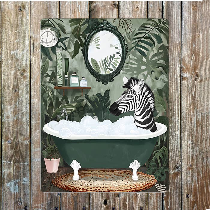 Zebra Bathe In Vintage Green Bathtub | Bathroom| Metal Sign Plaque