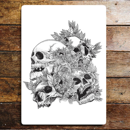 Black And White Skull Flowers | Metal Wall Sign