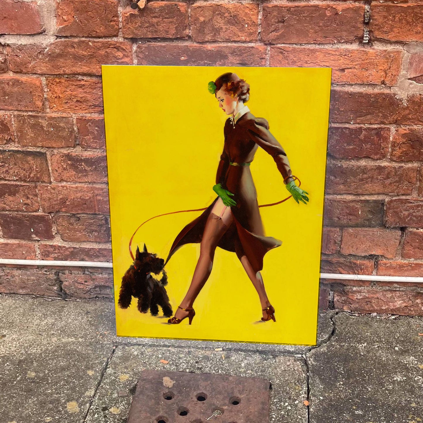 Pin up Girl Dog Terrier Scottish Westie Walking Metal Sign