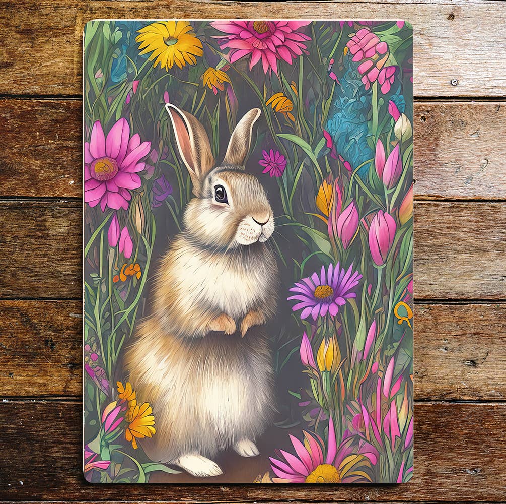 Rabbit Sitting In Pink & Purple Flowers Metal Sign Plaque