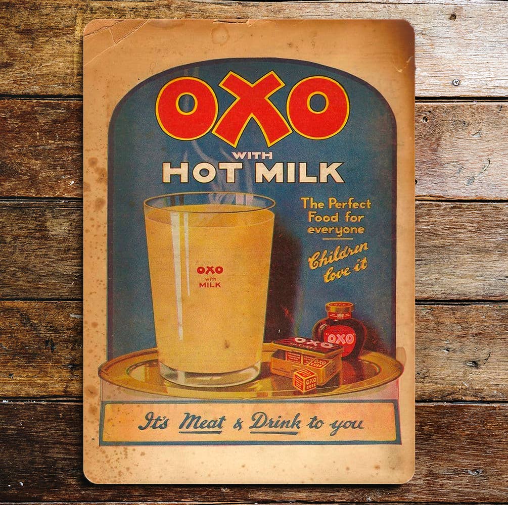 Oxo Cube with Hot Milk It's Meat & Drink Metal Sign