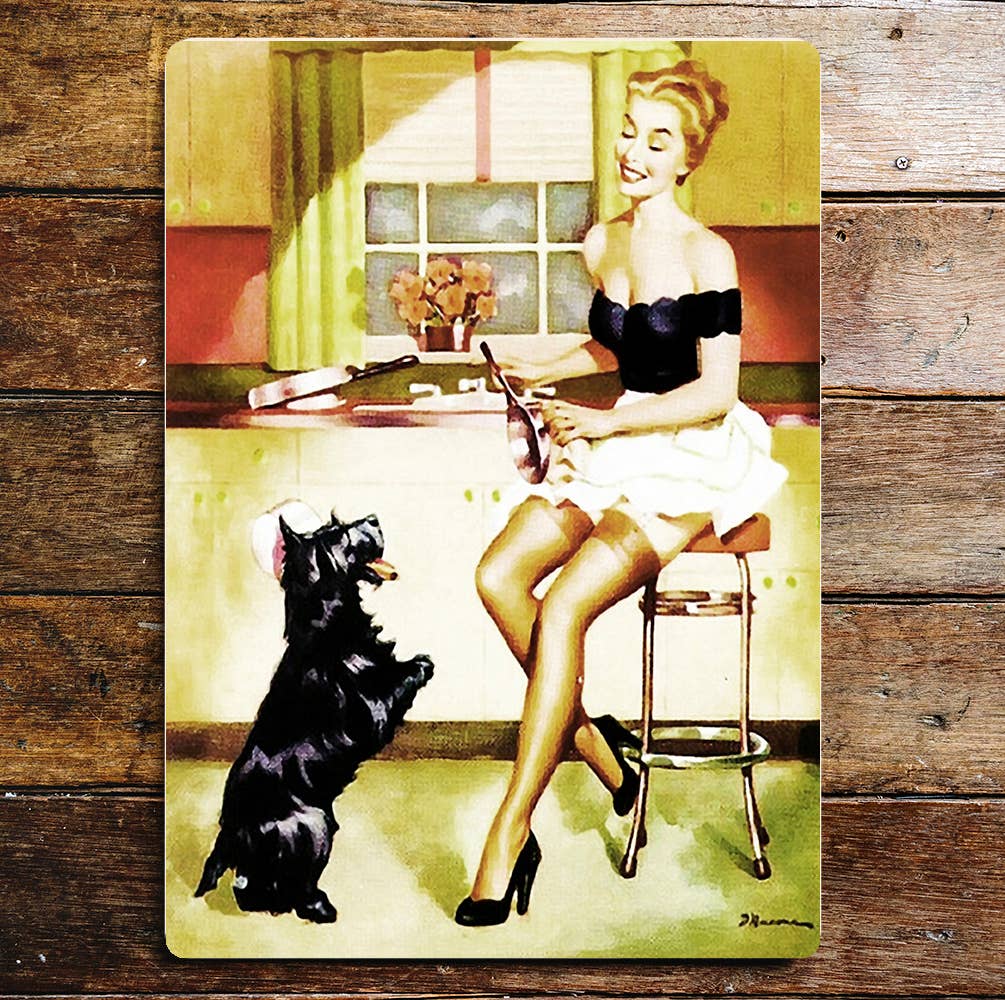 Kitchen Pin Up Girl With Scotty Dog | Metal Wall Sign