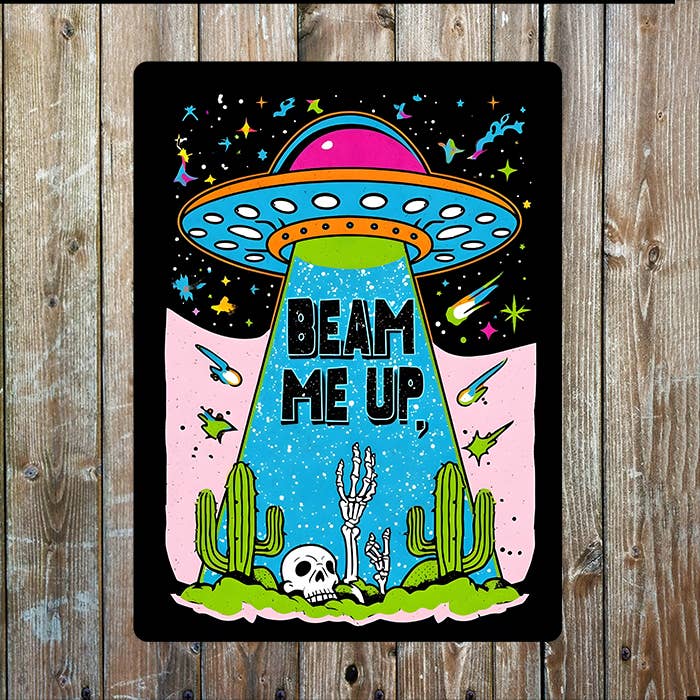 Pop Art UFO Beam Me Up Metal Sign Plaque