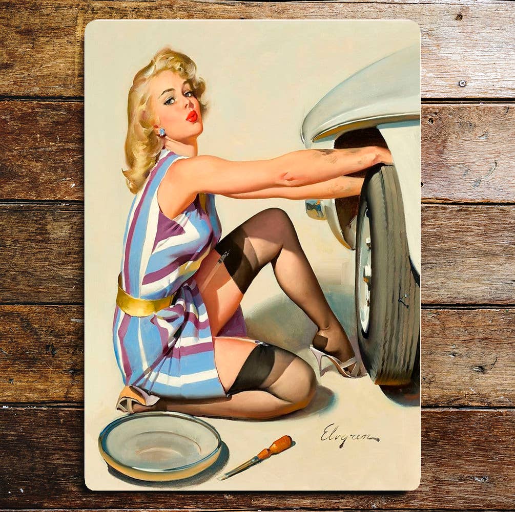 Pinup Girl Garage Car Tire Metal Humour Wall Sign