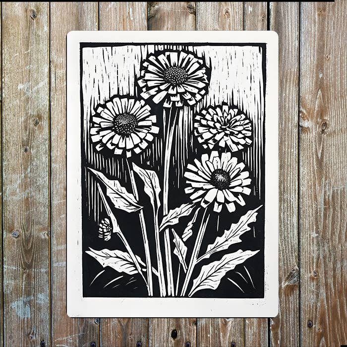 Zinnia Flowers | Linocut Style| Metal Sign Plaque