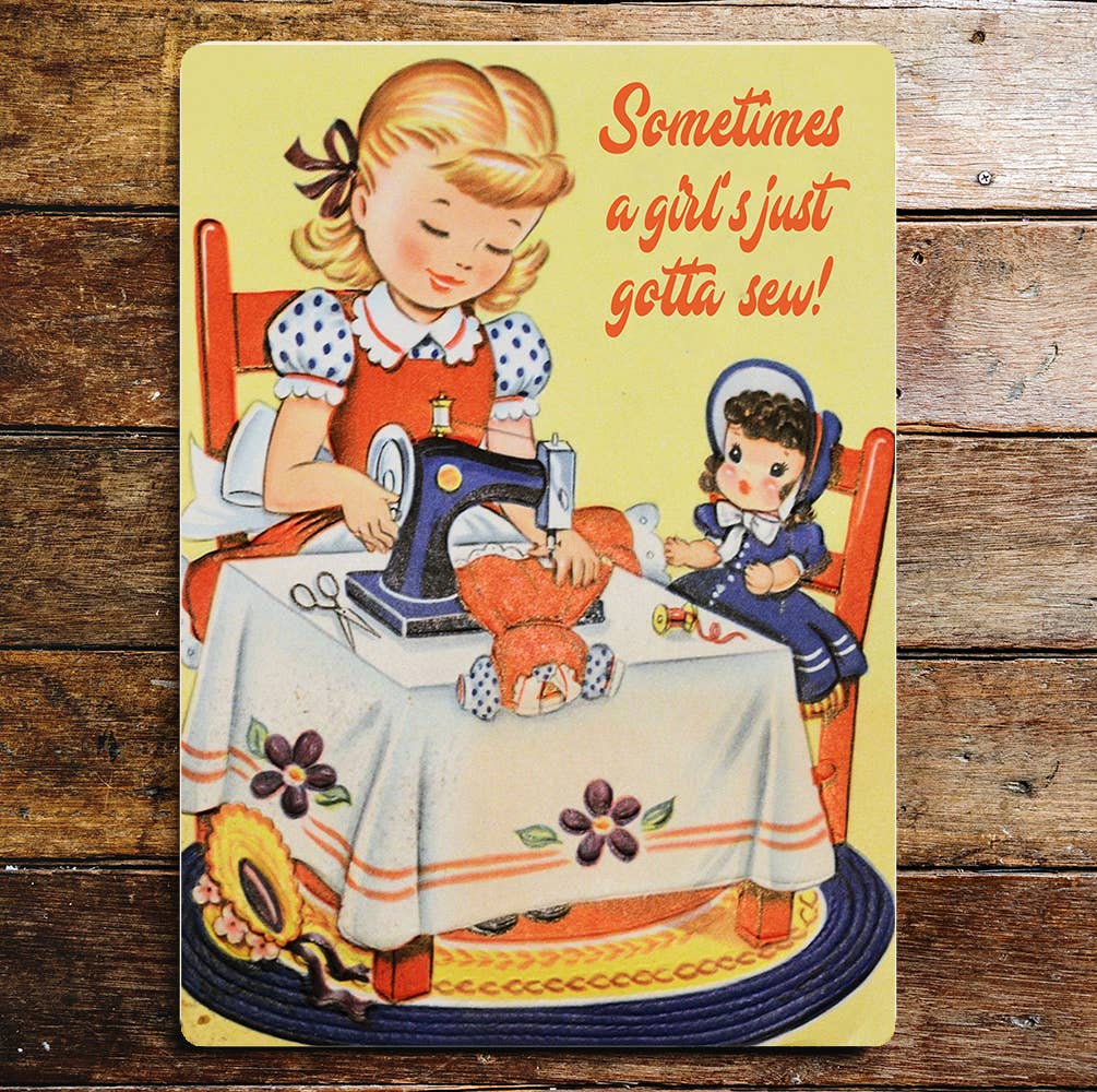 Young Girl Sewing Machine | Vintage| Metal Sign plaque