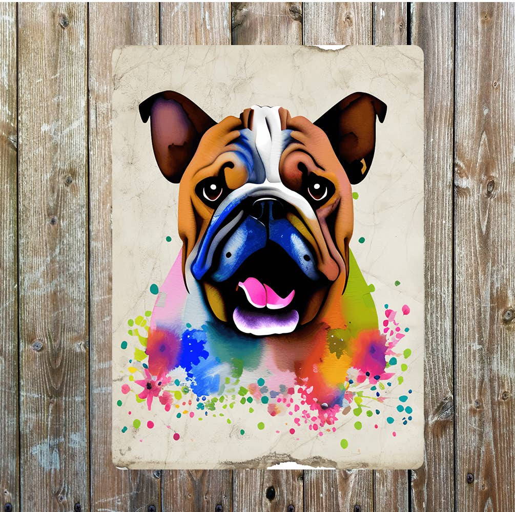 Multicoloured Bulldog Face Flowers | Metal Sign Plaque