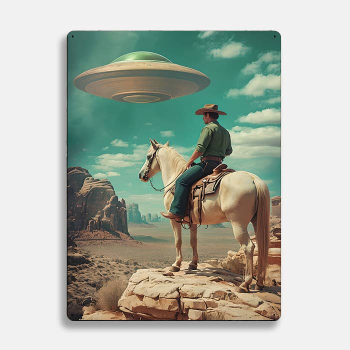 Retro Cowboy On Pale Horse UFO Alien Metal Sign Plaque