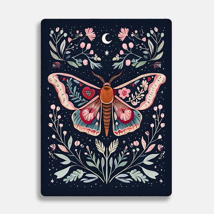 Moth Night Moon Floral scandinavian folk | Metal Sign Plaque