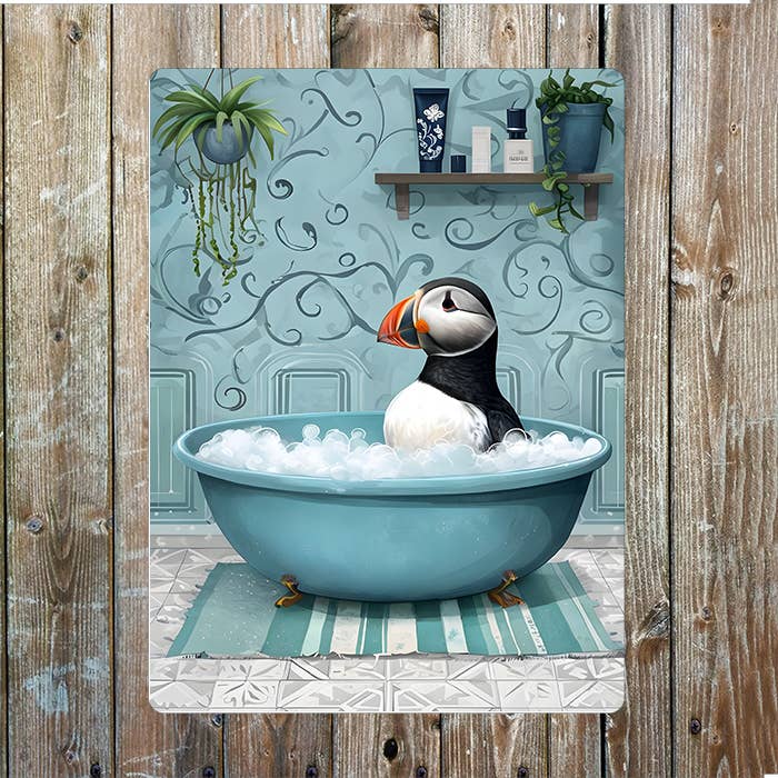 Puffin Bathe In Vintage Green Bathtub Bath Metal Sign Plaque