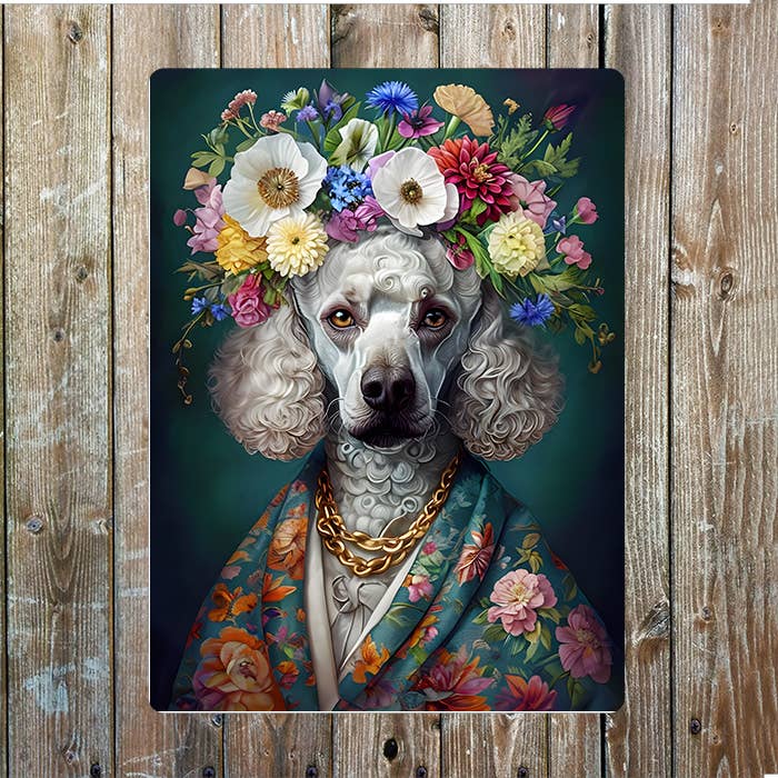 Poodle Adorned With Floral Crown Metal Sign Plaque