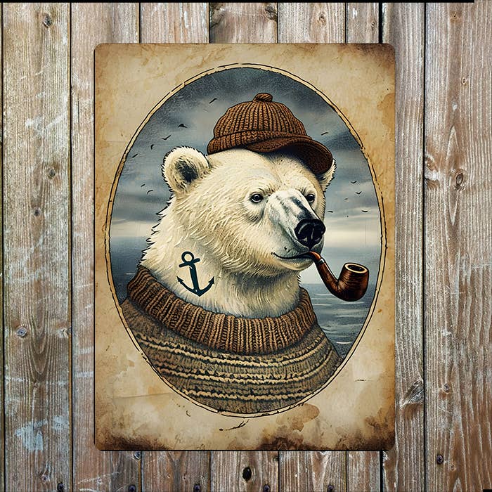 Polar Bear Vintage Nautical Illustration Metal Sign Plaque