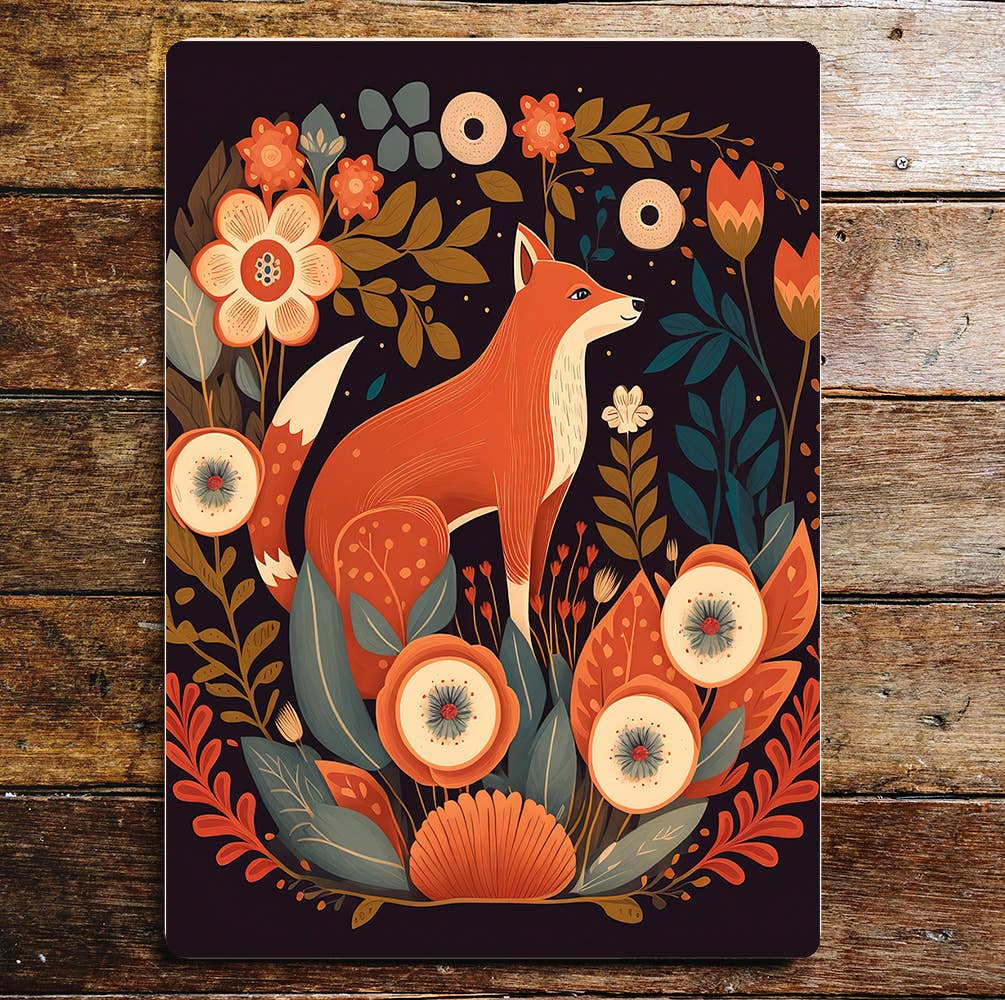 Fox autumn fall leaves flowers | Metal Sign Plaque