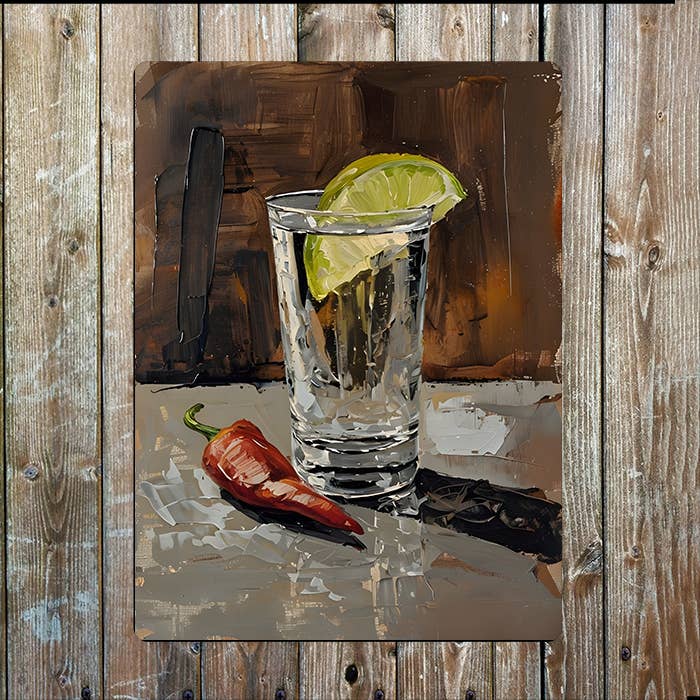 Still Life Painting Glass With Lime Chilli Metal Sign Plaque