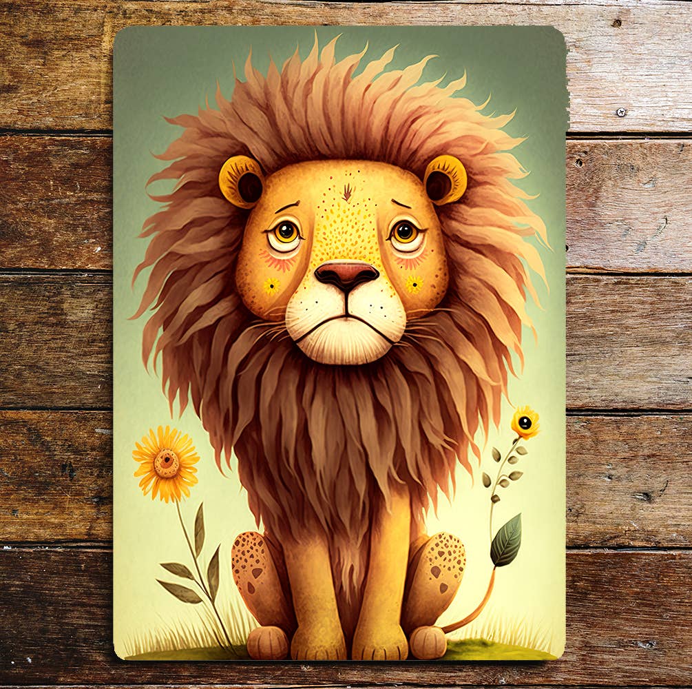 Lion Male Flowers Illustration Yellow | Metal Sign Plaque