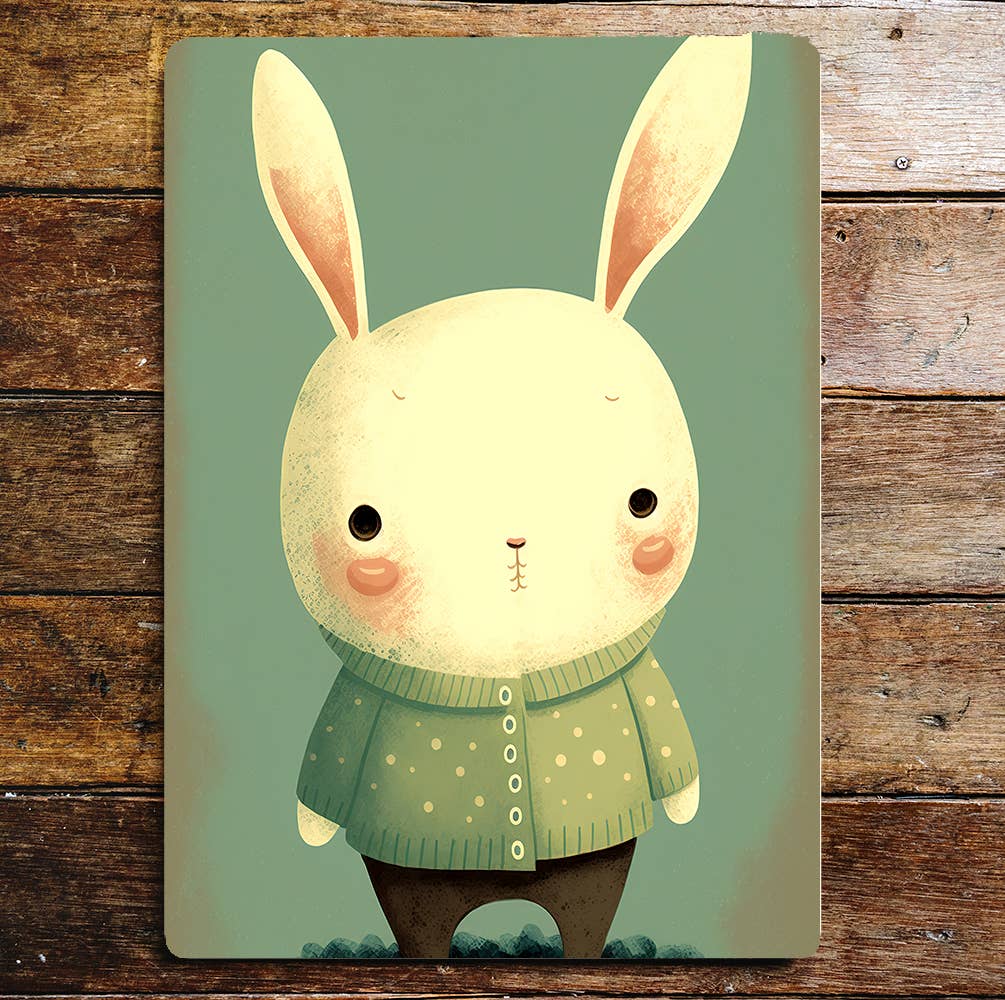 Cute Rabbit Boy Green Spotty Cardigan | Metal Sign Plaque