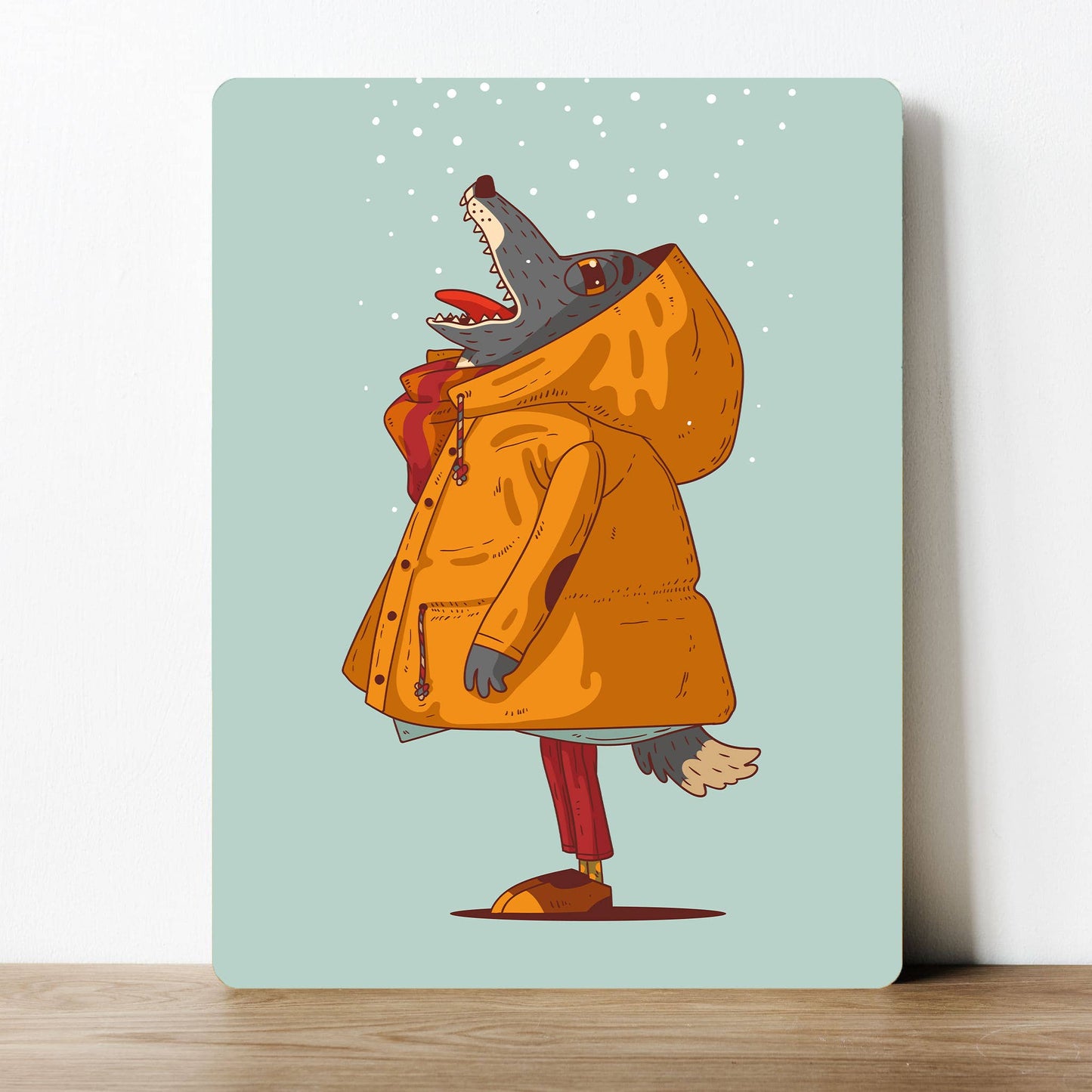 Snowy Wolf Cartoon Artwork Metal Sign Plaque