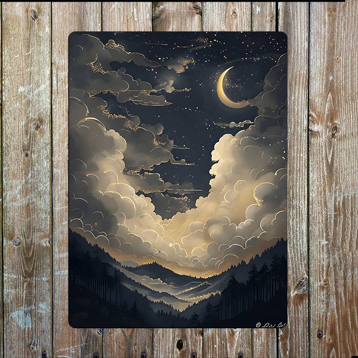 Night Landscape Clouds & Stars | Metal Sign Plaque