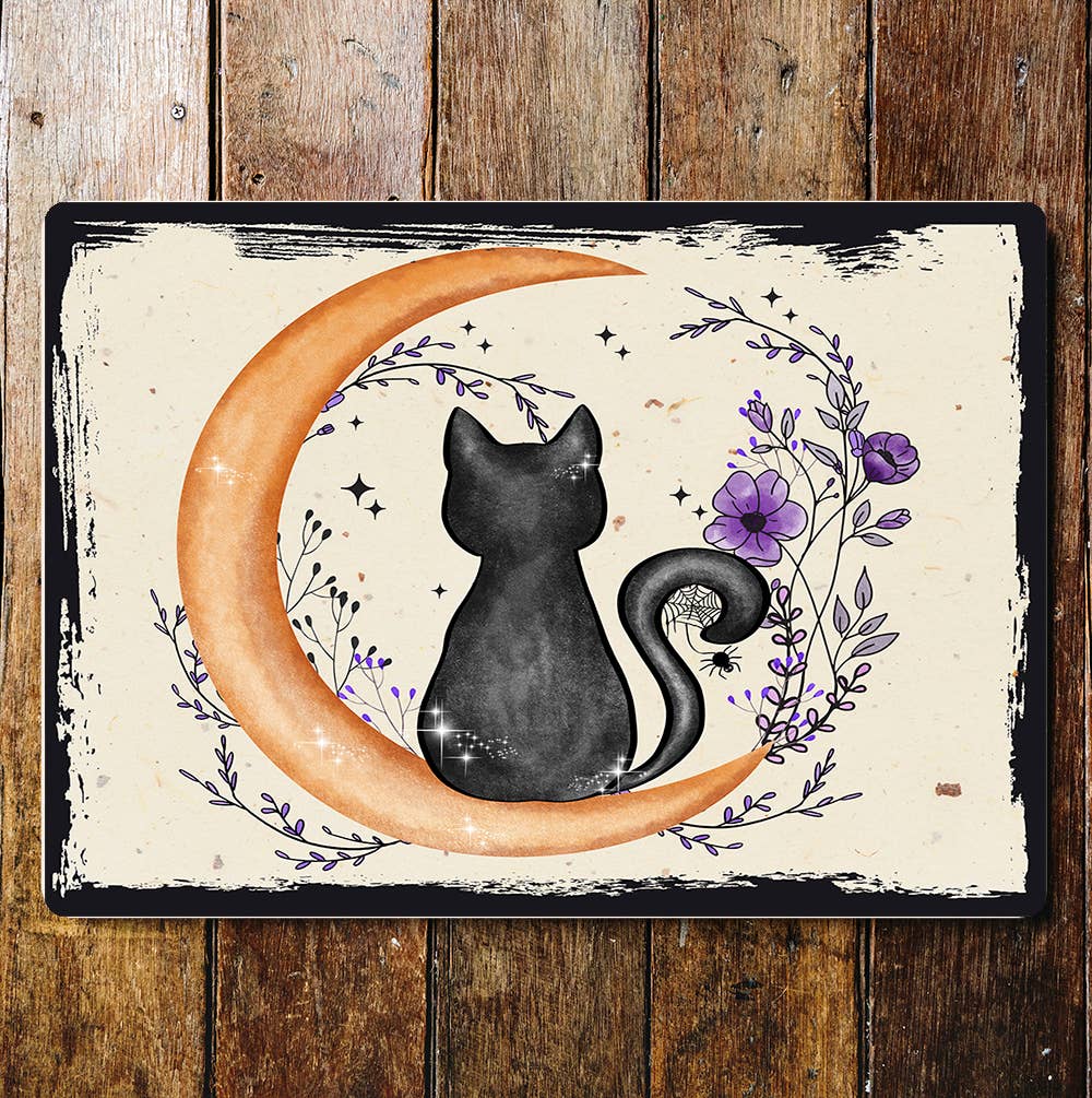 Black Cat Moon Flowers Purple Halloween | Metal Sign Plaque