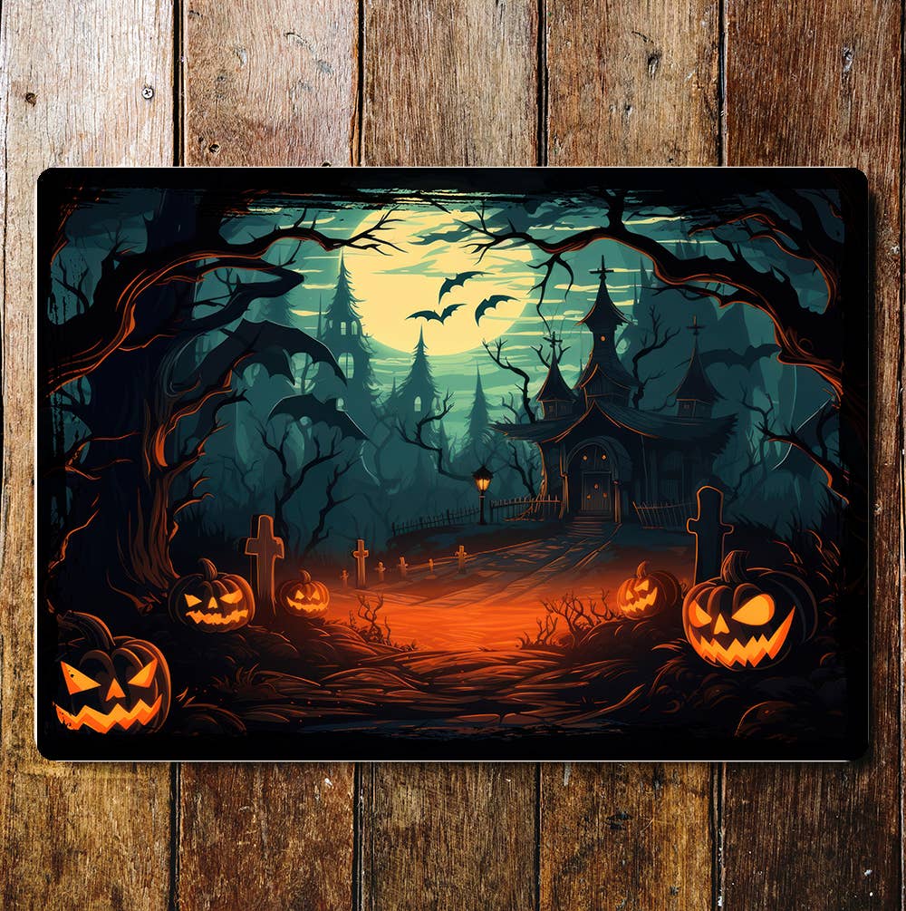 Halloween Night Time Landscape | Metal Sign Plaque