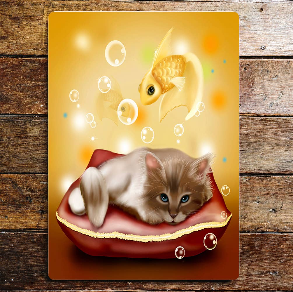 Cat kitten fish bubbles cute kitten | Metal Sign Plaque