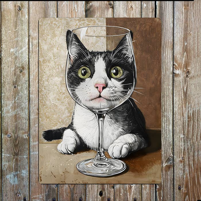 Illustration Of Cat With Wine Glass Metal Sign Plaque