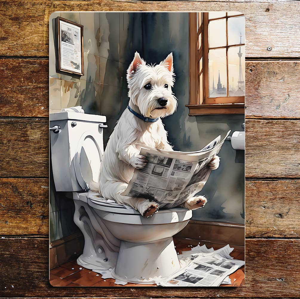 Dog westie On the Toilet, Bathroom | Metal Sign