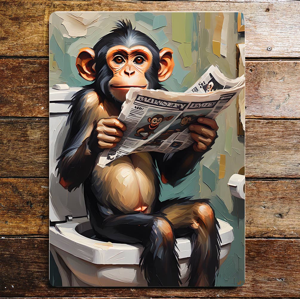 Happy Monkey on the Toilet Newspaper | Metal Sign Plaque