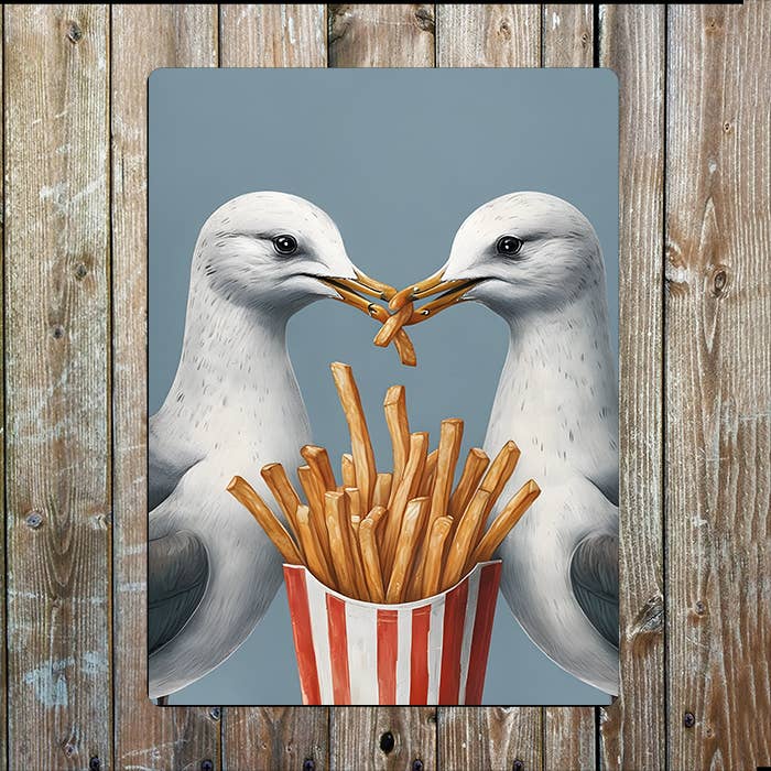 Seagull eating Chips Fries Sea Nautical Metal Sign Plaque