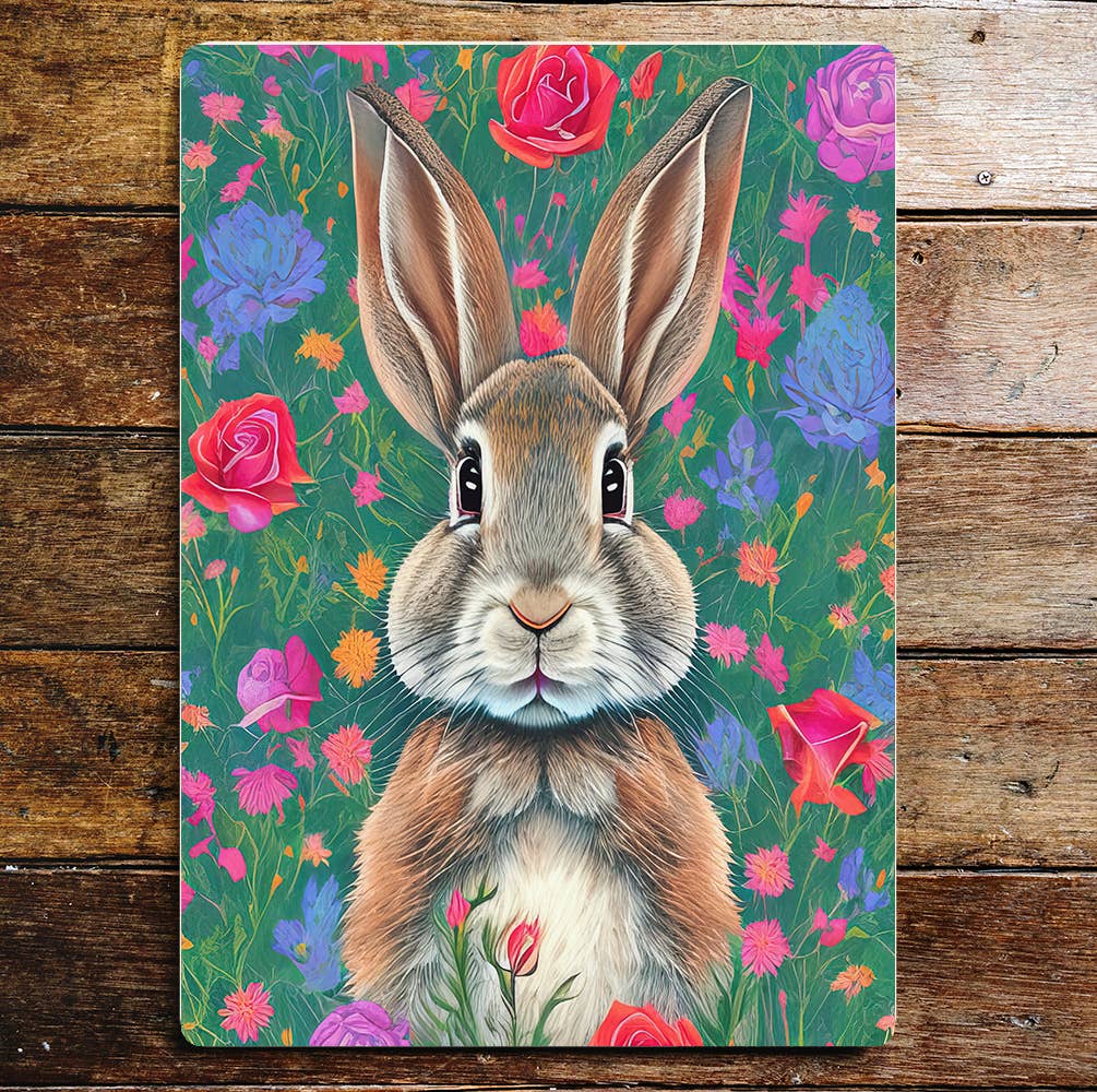 Rabbit Hiding In Flower Field Metal Sign plaque