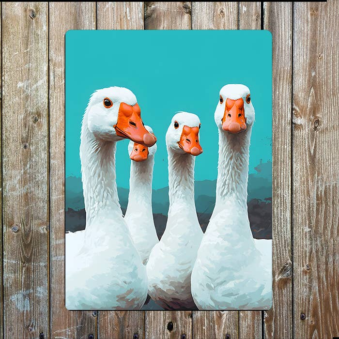 Four White Geese | Goose Farm Farmhouse | Metal Sign Plaque