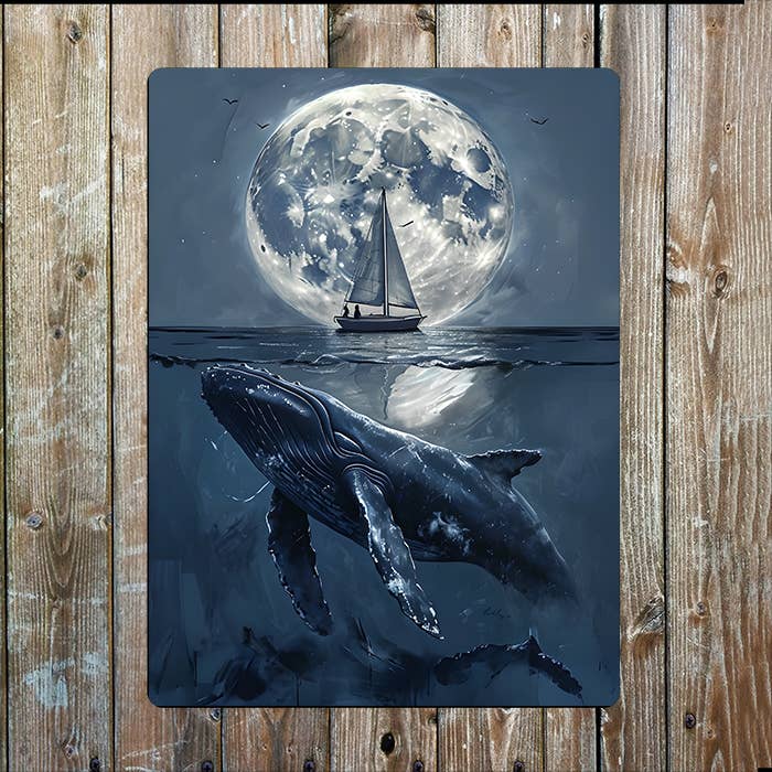 Watercolor Whale Moon Boat Sea Nautical | Metal Sign Plaque